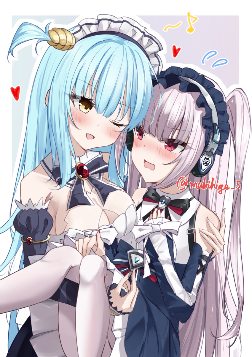 2girls ;d absurdres azur_lane black_bow black_bowtie blue_bow blue_bowtie blue_dress blue_hair blush bow bowtie breasts carrying cleavage cleavage_cutout clothing_cutout commentary_request detached_sleeves dress flying_sweatdrops grey_background grey_hair halford_(azur_lane) headphones heart highres large_breasts long_hair long_sleeves looking_at_another maid_headdress makihige multiple_girls neptune_(azur_lane) one_eye_closed open_mouth princess_carry red_eyes smile twintails twitter_username two_side_up very_long_hair yellow_eyes