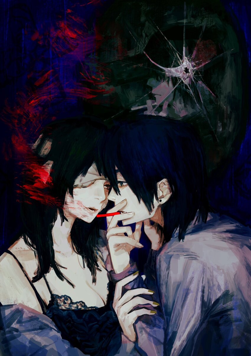 1boy 1girl bandage_over_one_eye black_bra black_hair blood blood_on_face bra breasts broken_glass bullet_hole chainsaw_man cigarette cleavage crack cracked_glass dark_background earrings glass gun gun_devil_(chainsaw_man) handgun hayakawa_aki highres himeno_(chainsaw_man) holding holding_cigarette jewelry looking_at_another medium_breasts open_mouth pecopecosupipi short_hair smoke smoking stud_earrings underwear weapon