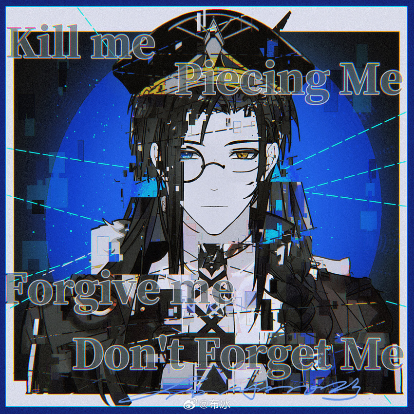 1boy blue_background blue_border blue_eyes border braid bubing clarence_clayden clarence_clayden_(deimortem_era) clarence_clayden_(eden) clarence_clayden_(godheim) clarence_clayden_(infinite_empire) clarence_clayden_(spirit_world) closed_mouth collared_coat collared_shirt curtained_hair english_text expressionless glitch greyscale_with_colored_background hat highres long_hair looking_at_viewer lovebrush_chronicles male_focus military_hat military_uniform mole mole_under_eye monocle necktie outside_border parted_bangs peaked_cap portrait shirt short_hair solo split_theme spot_color string watermark weibo_watermark white_border yellow_eyes