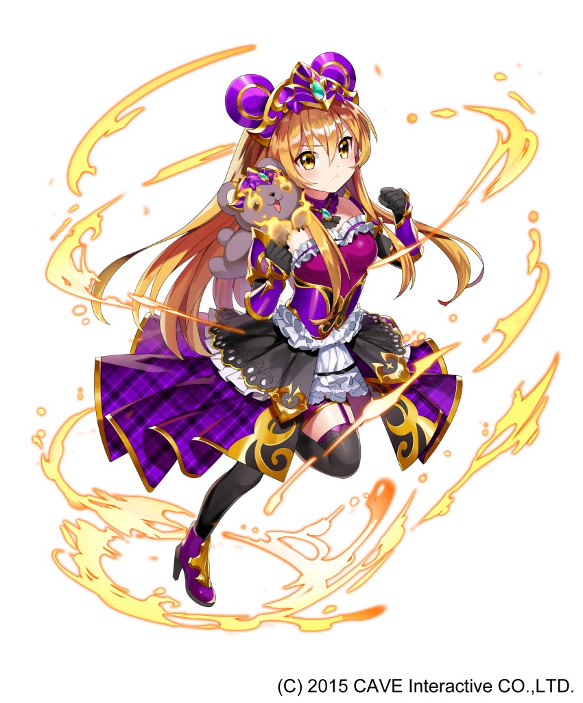 1girl absurdres aura bike_shorts black_gloves black_skirt black_thighhighs blonde_hair blush boots bracer closed_mouth female_focus fire full_body garter_straps gloves gothic_wa_mahou_otome hair_between_eyes hands_up headpiece high_heel_boots high_heels highres long_hair looking_at_viewer masyu_yuyu official_art open_clothes open_skirt purple_boots purple_skirt showgirl_skirt simple_background skirt solo standing standing_on_one_leg stuffed_animal stuffed_toy teddy_bear thighhighs underbust white_background yellow_eyes