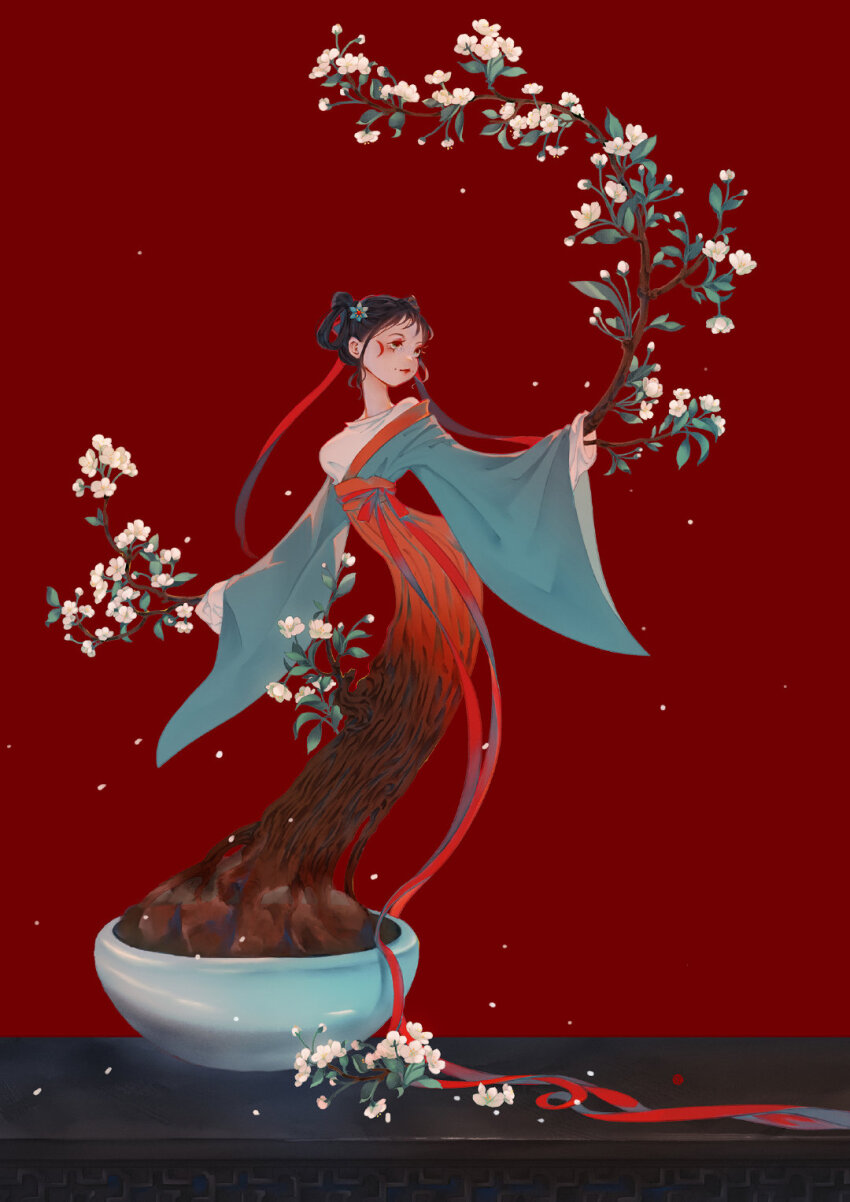 1girl black_hair blue_flower blue_hanfu bow branch chinese_clothes chinese_commentary closed_mouth commentary_request crescent crescent_tattoo expressionless eyelashes eyeshadow facial_tattoo flower full_body grey_eyes hair_flower hair_ornament hair_ribbon hair_rings hanfu highres layered_sleeves lipstick long_skirt long_sleeves looking_to_the_side makeup mole_beside_mouth multiple_moles original plant potted_plant red_background red_bow red_eyeshadow red_lips red_ribbon red_skirt ribbon shirt short_hair skirt snowing solo table tattoo transformation tree waist_bow watermark white_flower white_shirt wide_sleeves xuzhibai
