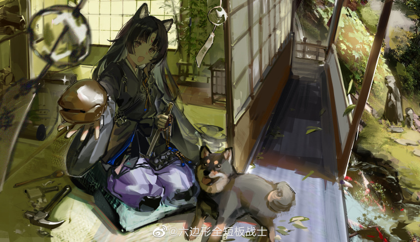 1girl animal_ear_fluff animal_ears arknights bamboo bead_necklace beads black_hair black_kimono blurry blurry_foreground braid brown_eyes cushion day dog dog_ears facial_mark falling_leaves fang food forehead_mark grass hair_ribbon hammer highres holding holding_food incoming_food japanese_clothes jewelry kimono knee_pads leaf long_hair long_sleeves necklace neriash open_mouth pants purple_pants ribbon_braid saga_(arknights) seiza shelf shouji side_braid sitting skin_fang sliding_doors solo sparkle tatami veranda watermark weibo_watermark wind_chime