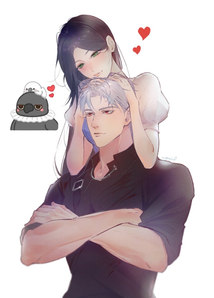 1boy 1girl animalization black_shirt blush brown_hair closed_mouth couple green_eyes head_rest heart hetero highres lips long_hair love_and_deepspace ng_ai0 parted_bangs person_and_animalization protagonist_(love_and_deepspace) puffy_short_sleeves puffy_sleeves red_eyes shirt short_hair short_sleeves smile sylus_(love_and_deepspace) upper_body white_background white_hair