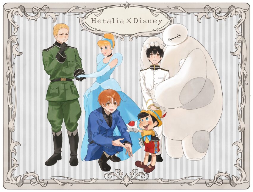 1girl 4boys ahoge apple axis_powers_hetalia baggy_pants baymax belt big_hero_6 black_belt black_boots black_choker black_gloves black_hair black_necktie black_shirt black_shoes black_vest blonde_hair blue_bow blue_bowtie blue_dress blue_eyes blue_gloves blue_hairband blue_jacket blue_pants blush book boots bow bowtie breast_pocket brown_eyes brown_shoes buttons choker cinderella cinderella_(disney) closed_eyes collared_jacket collared_shirt country_connection crossover disney doll doll_joints dress elbow_gloves food fruit full_body germany_(hetalia) gloves green_jacket green_pants hairband hand_on_another&#039;s_head hand_on_own_chin hand_up hat hat_feather hat_ornament highres holding holding_book holding_food holding_fruit holding_hands jacket japan_(hetalia) joints lapels lips long_dress long_sleeves looking_at_another mandarin_collar military_jacket military_uniform multiple_boys necktie northern_italy_(hetalia) open_clothes open_mouth open_vest orange_eyes orange_hair pants petting pinocchio_(character) pinocchio_(disney) pocket princess red_shorts robot shirt shoes short_hair shorts sleeveless sleeveless_dress smile soji_777 squatting standing striped_background teeth v-shaped_eyebrows vest white_background white_gloves white_jacket white_pants wide_sleeves yellow_hat yellow_shirt