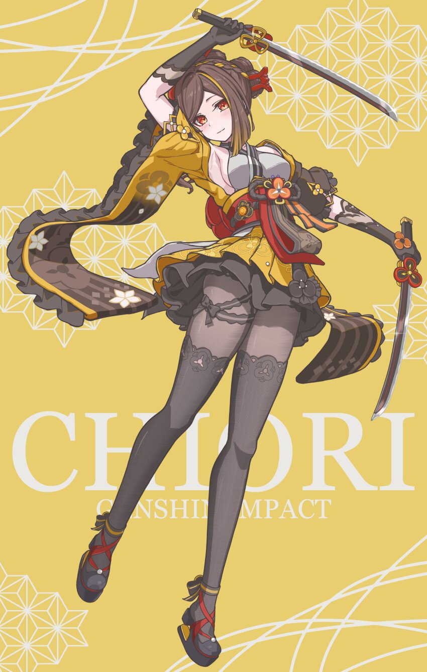 1girl absurdres armpits black_gloves black_pantyhose black_skirt black_thighhighs blonde_hair braid breasts brown_hair character_name chiori_(genshin_impact) closed_mouth commentary_request dual_wielding full_body genshin_impact gloves highres hinato1710 holding holding_sword holding_weapon japanese_clothes kimono light_blush looking_at_viewer medium_breasts multicolored_hair orange_eyes pantyhose short_kimono skirt skirt_under_kimono solo streaked_hair sword thighhighs thighhighs_over_pantyhose two-tone_hair weapon yellow_background yellow_kimono