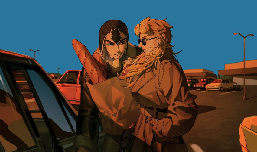 2boys alternate_costume alternate_hairstyle argyle_clothes argyle_hat bag baguette beanie black_eyes black_hat blonde_hair blue_sky bread brown_coat car coat couple ffffgggg_2525 food giorno_giovanna grocery_bag guido_mista hat highres jojo_no_kimyou_na_bouken lamppost long_hair male_focus motor_vehicle multiple_boys outdoors paper_bag road shopping_bag sky street sunglasses vento_aureo