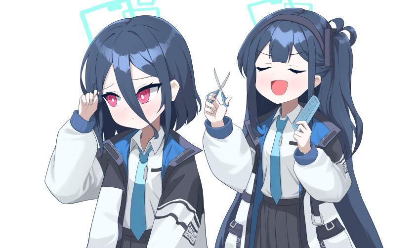 2girls absurdres aris_(blue_archive) black_hair black_skirt blue_archive bow closed_eyes comb commentary green_halo hair_between_eyes halo hand_in_own_hair highres holding holding_comb holding_scissors jacket jhsd kei_(blue_archive) long_hair long_sleeves multiple_girls necktie open_mouth red_eyes scissors shirt short_hair side_ponytail skirt smile very_long_hair white_background white_jacket white_shirt