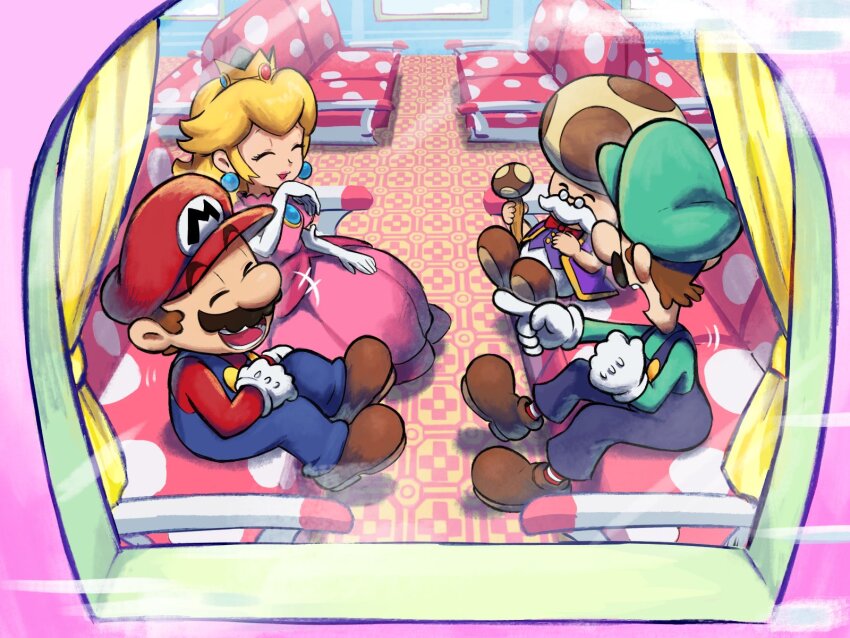1girl 3boys blonde_hair blue_overalls brothers brown_hair closed_eyes crown dress earrings elbow_gloves facial_hair gloves green_shirt hat highres jewelry long_hair luigi mario mario_&amp;_luigi_rpg mario_(series) masanori_sato_(style) multiple_boys mustache nintendo official_style open_mouth overalls pink_dress princess_peach red_shirt shirt short_hair siblings smile sphere_earrings toadsworth white_gloves ya_mari_6363