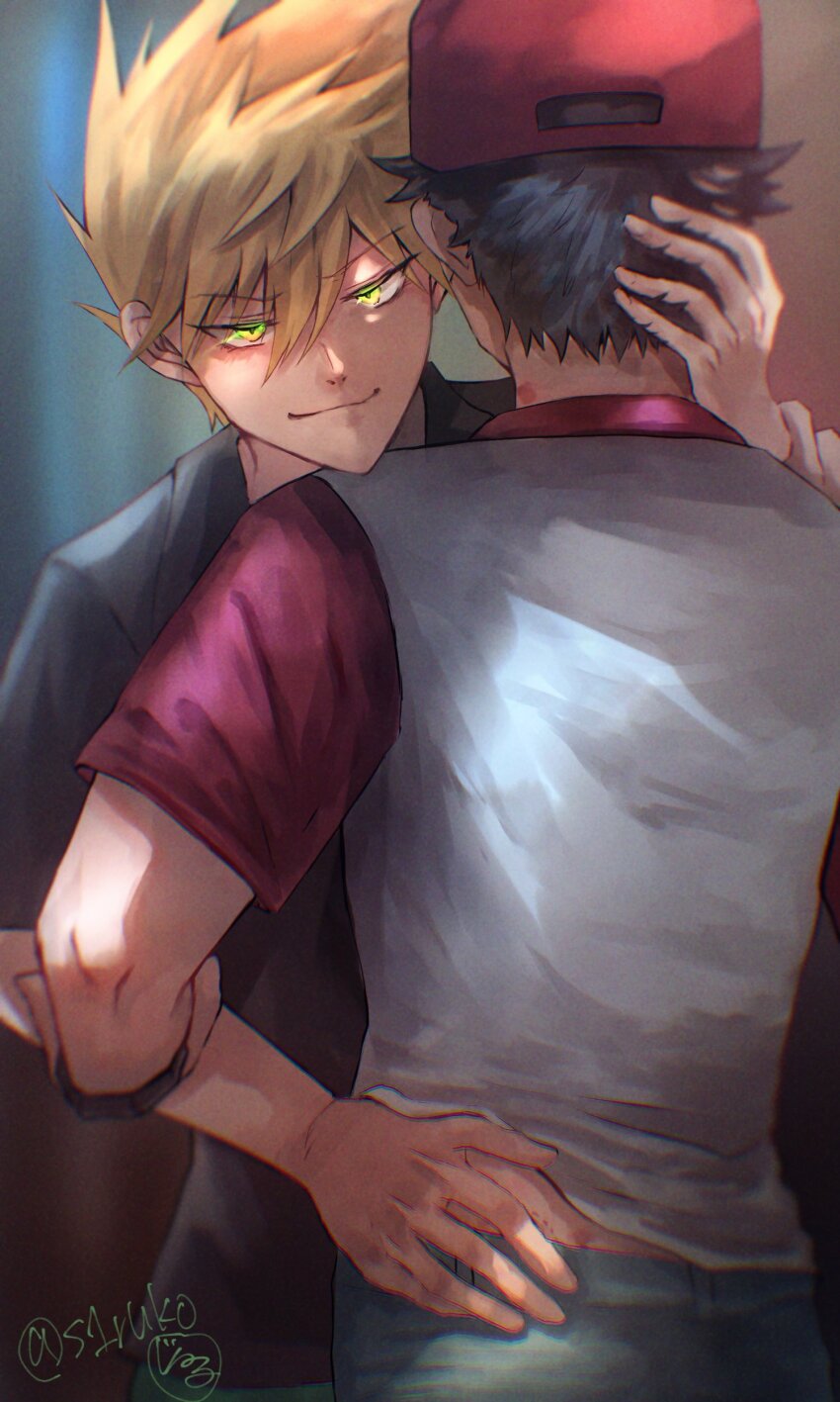 2boys absurdres black_shirt blonde_hair blue_oak closed_mouth collared_shirt green_pants hand_on_another&#039;s_head highres looking_at_viewer male_focus mixed-language_commentary multiple_boys nintendo pants pokemon pokemon_sm red_(pokemon) shirt shiruko_(s1ruko) short_hair short_sleeves smile t-shirt twitter_username yaoi yellow_eyes