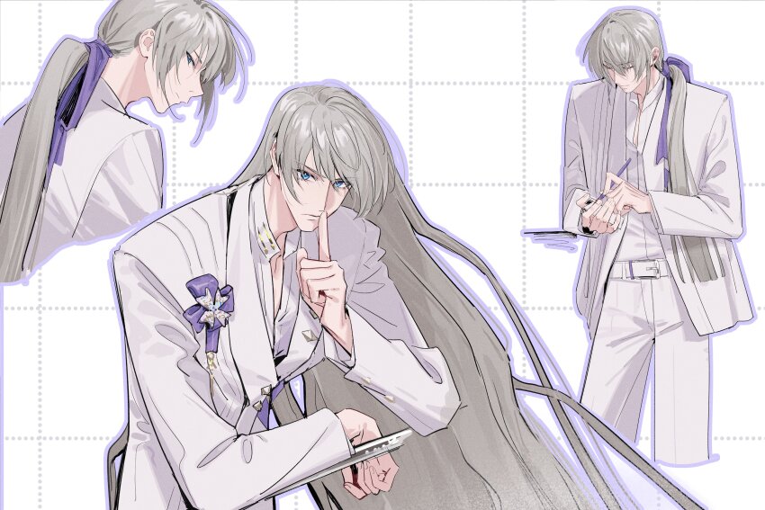 1boy absurdres blue_eyes closed_eyes collared_shirt cowboy_shot cropped_legs finger_to_mouth grey_hair grid_background hair_between_eyes hair_over_shoulder hair_ribbon highres jacket long_hair love_and_deepspace male_focus multiple_views official_alternate_costume official_alternate_hair_length official_alternate_hairstyle panties ponytail purple_ribbon ribbon shirt shiwu solo suit_jacket underwear upper_body white_jacket white_panties white_shirt writing xavier_(love_and_deepspace)