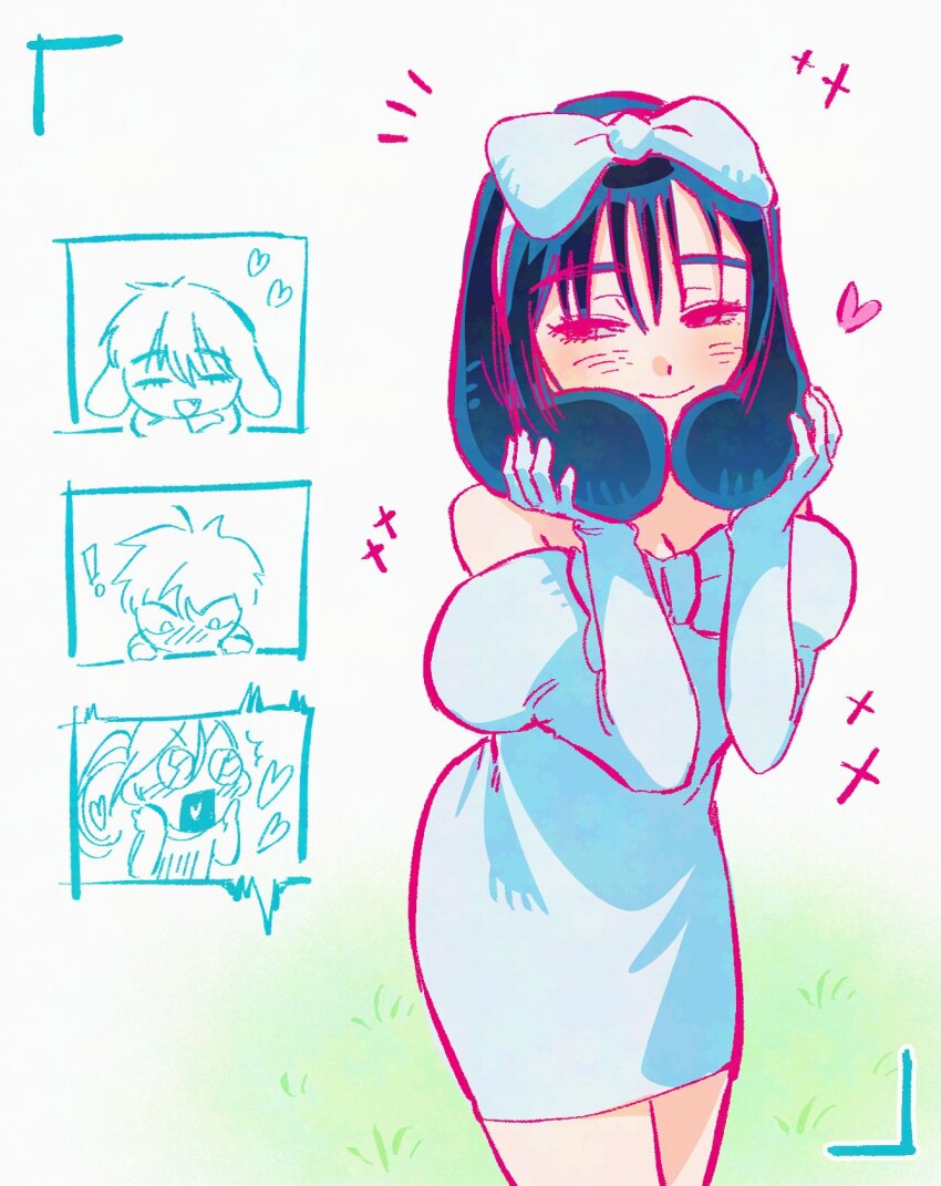! 1428_ewe 2boys 2girls alien_stage animal_ears blush bow closed_mouth commentary dress elbow_gloves floppy_ears gloves hair_bow half-closed_eyes hashtag-only_commentary heart heart_in_mouth hetero highres holding_ears ivan_(alien_stage) jaw_drop juliet_sleeves long_sleeves looking_at_another mizi_(alien_stage) multiple_boys multiple_girls off-shoulder_dress off_shoulder open_mouth pencil_dress puffy_sleeves rabbit_ears short_dress smile solo_focus sua_(alien_stage) till_(alien_stage) white_bow white_dress white_gloves yuri