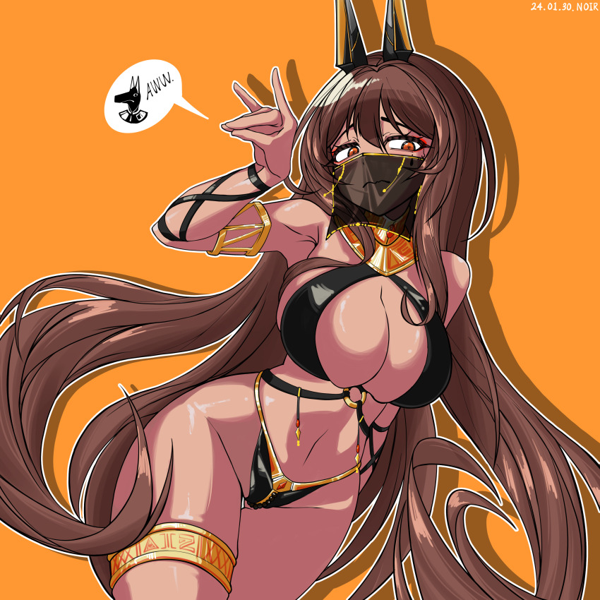 1girl absurdres aludoru ancient_egyptian animal_ears anubis_(mythology) anubis_(mythology)_(cosplay) blush breasts brown_hair cleavage cosplay dark-skinned_female dark_skin dated detached_collar egyptian_mythology fake_animal_ears fox_shadow_puppet goddess_of_victory:_nikke harem_outfit highres jackal_ears jewelry large_breasts long_hair looking_at_viewer mouth_veil noir_(nikke) solo teardrop_facial_mark veil very_long_hair waist_jewel wavy_mouth yellow_eyes