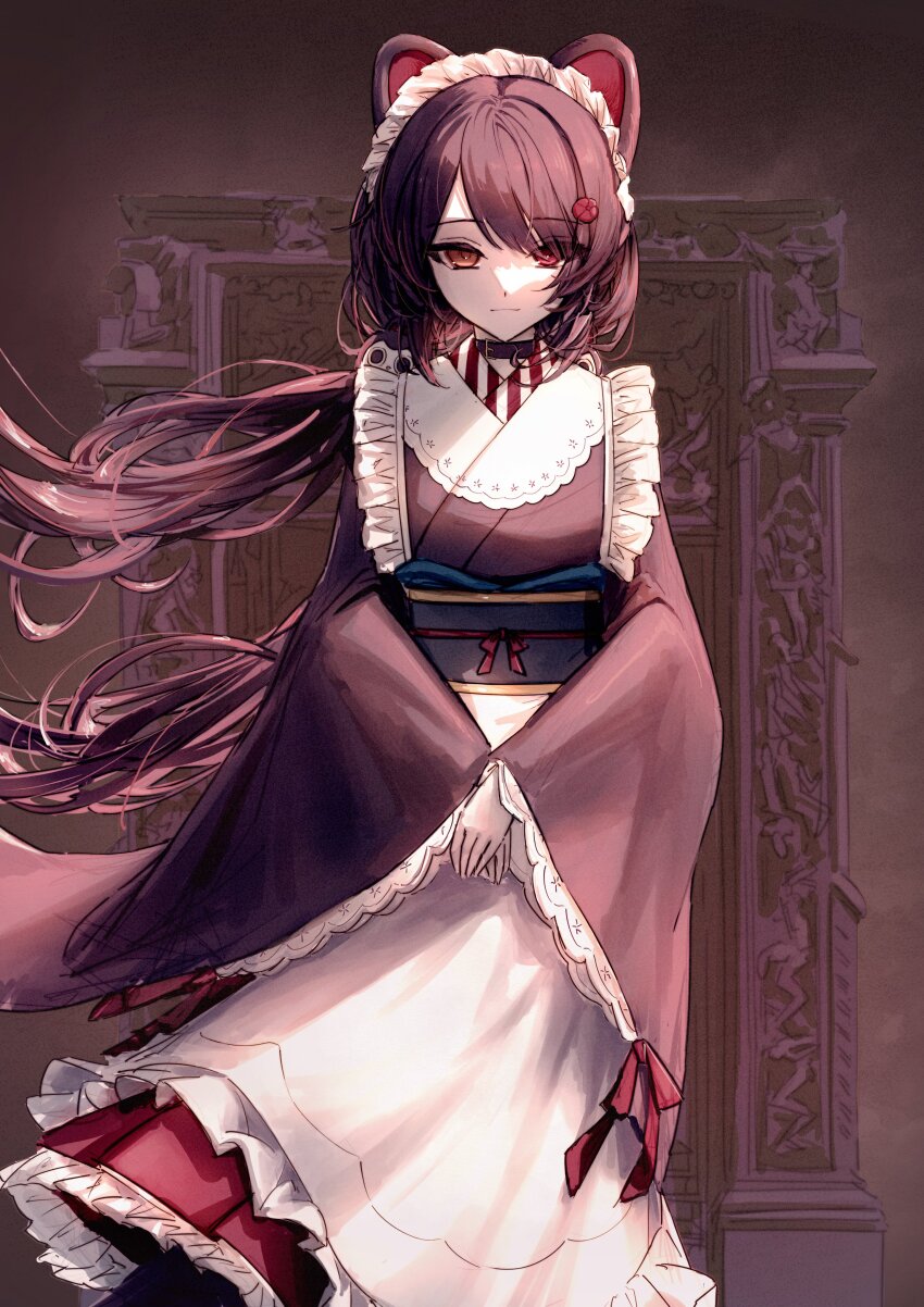 1girl absurdres animal_ears apron armillarphere_v black_collar black_sash brown_eyes brown_hair brown_kimono closed_mouth collar dog_ears fireplace floating_hair flower frilled_apron frilled_hakama frills hair_between_eyes hair_flower hair_ornament hakama hakama_skirt hashtag-only_commentary heterochromia highres indoors inui_toko inui_toko_(1st_costume) japanese_clothes kimono long_hair long_sleeves looking_at_viewer low_twintails maid maid_apron maid_headdress nijisanji obi obiage obijime own_hands_together parted_bangs red_eyes red_flower red_hakama red_ribbon ribbon sash sidelocks skirt smile solo standing twintails very_long_hair virtual_youtuber wa_maid waist_apron white_apron wide_sleeves