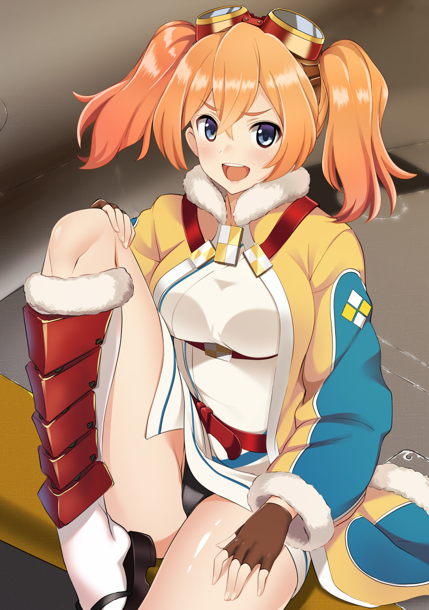 1girl :d a9b_(louis814) absurdres belt black_gloves black_panties black_sandals blue_eyes breasts coat commentary dress fingerless_gloves fur-trimmed_coat fur-trimmed_sleeves fur_trim gloves goggles goggles_on_head highres knee_up kneehighs kouya_no_kotobuki_hikoutai leg_armor looking_at_viewer medium_breasts medium_hair on_vehicle open_mouth orange_hair panties pantyshot red_belt sandals short_dress sitting smile socks solo tsubaki_(kouya_no_kotobuki_hikoutai) twintails underwear white_dress white_socks yellow_coat