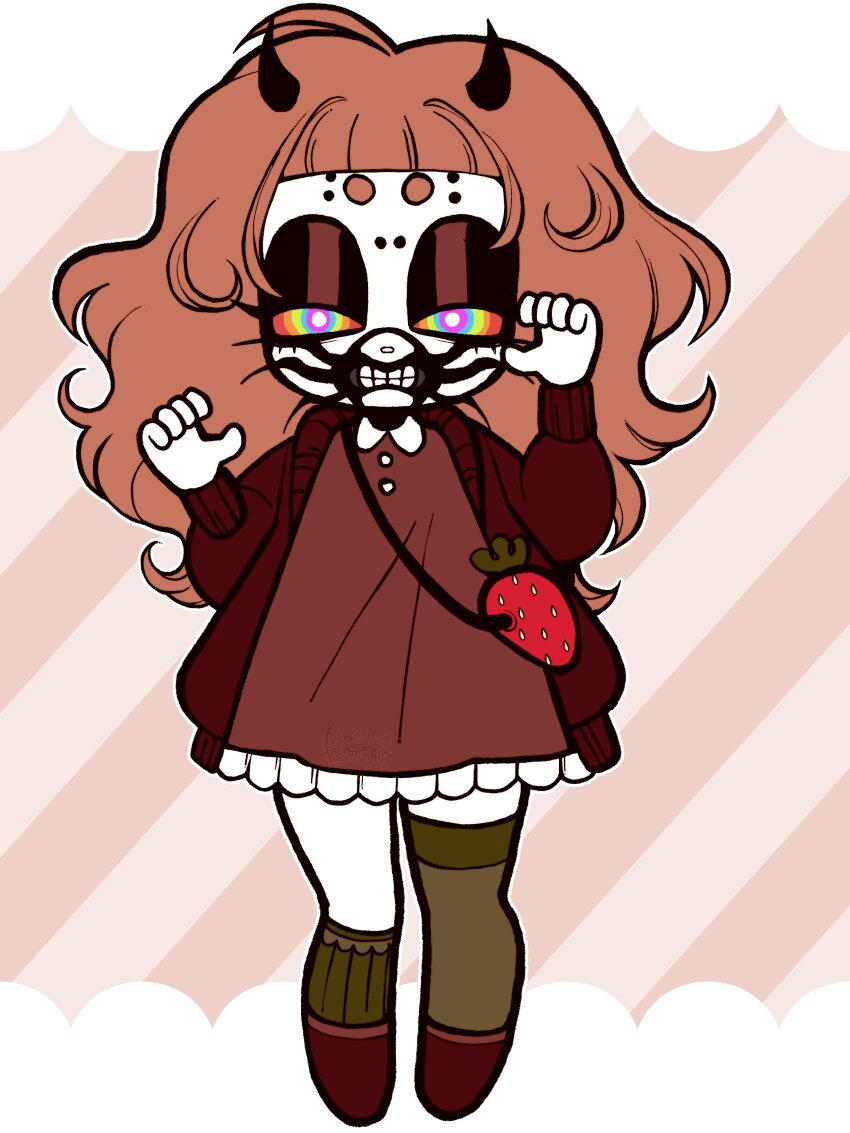 absurdres bag black_eyeshadow blunt_bangs bridge_piercing brown_hair chibi chibi_only colored_skin commission demon_horns dental_gag dreamalgia dress eyebrow_piercing eyelashes eyeshadow highres horns kneehighs long_hair makeup multicolored_eyes original piercing rainbow_eyes ringed_eyes round_eyebrows shoes short_bangs single_kneehigh single_sock single_thighhigh socks teeth thighhighs white_skin