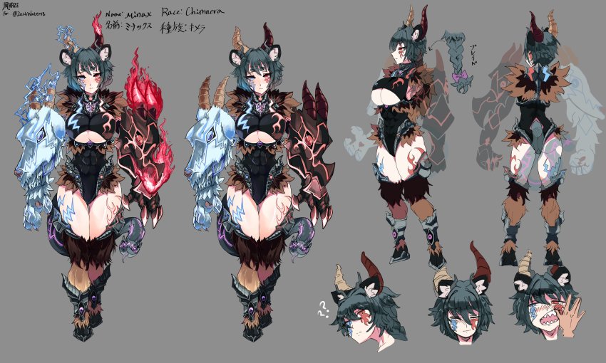 1girl abs absurdres animal_ear_fluff animal_ears animal_hands armpits ass asymmetrical_horns aura black_sclera blue_electricity blue_eyes body_markings breasts chimaera_(monster_girl_encyclopedia) chimera clawed_gauntlets claws cleavage cleavage_cutout clothing_cutout colored_sclera curvy dragon dragon_horns electricity energy extra_eyes facial_mark facial_tattoo fire gauntlets glowing goat goat_horns heterochromia highres hooves horns large_breasts leg_tattoo leotard magic monster_girl monster_girl_encyclopedia monster_girl_encyclopedia_ii multiple_heads nakadashikaze ponytail purple_eyes red_eyes red_fire reference_sheet revealing_clothes segmented_horns sharp_teeth short_hair snake snake_tail snake_tongue tail tail_head tattoo teeth thick_thighs thighs underboob underboob_cutout underbutt wedgie