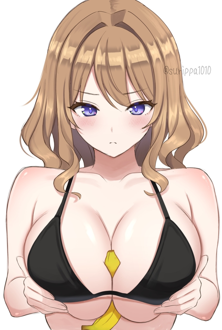 1girl banana between_breasts bikini black_bikini blue_eyes blush breasts brown_hair cleavage collarbone commentary_request dolphin_wave food food_between_breasts fruit grabbing_own_breast halterneck highres large_breasts looking_at_viewer medium_hair paizuri_gesture simple_background solo string_bikini suminoe_shion surippa1010 swimsuit twitter_username underboob upper_body white_background