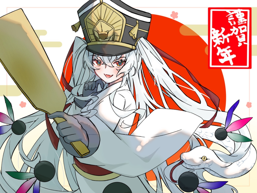 1girl altair_(re:creators) alternate_costume armored_gloves blue_eyes blush chinese_zodiac commentary crossed_bangs fangs floral_print from_side gloves gold_trim grey_gloves hagoita hat holding holding_paddle japanese_clothes kimono long_bangs long_hair looking_at_viewer military_hat multicolored_eyes object_request open_mouth paddle re:creators red_eyes red_sash red_sun sash shako_cap sidelocks slit_pupils snake snake_head solo translated twintails two-tone_eyes upper_body user_vnwg2482 very_long_hair white_hair white_kimono white_snake year_of_the_snake