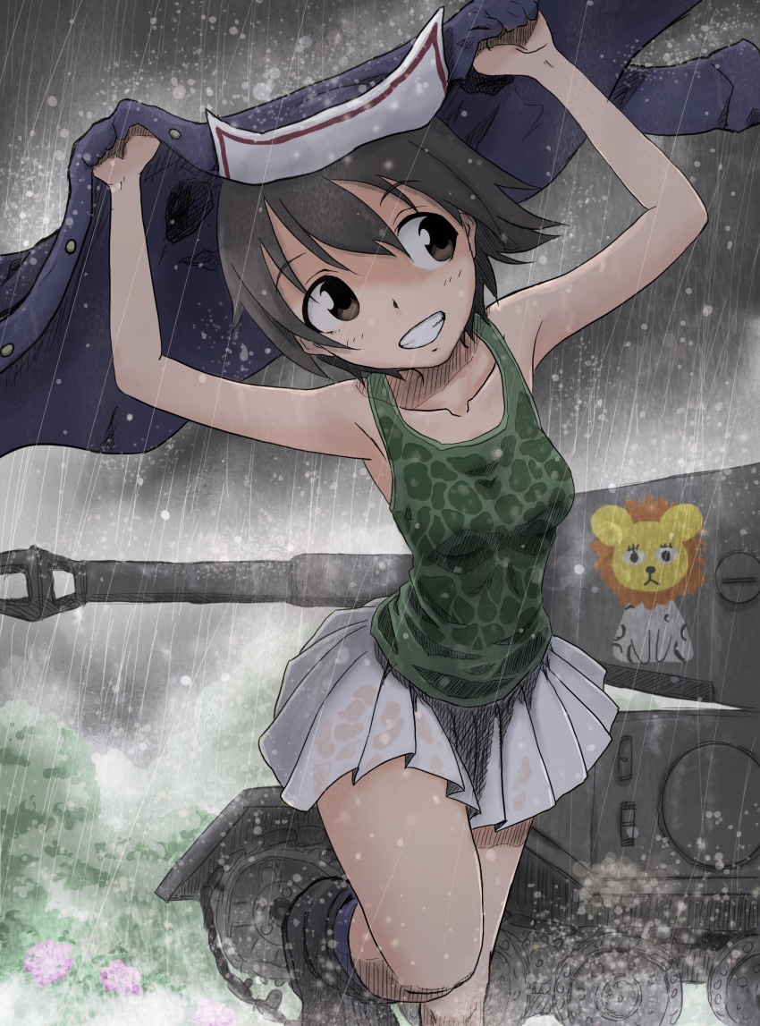 1girl absurdres arms_up black_boots black_socks blue_jacket boots brown_eyes brown_hair commentary covering_privates emblem girls_und_panzer green_shirt grey_sky grin highres jacket kainushi leg_up leopon_(animal) long_sleeves looking_to_the_side military military_uniform military_vehicle miniskirt motor_vehicle nakajima_(girls_und_panzer) ooarai_military_uniform outdoors overcast pleated_skirt rain running see-through_clothes shirt short_hair skirt sky smile socks solo standing standing_on_one_leg tank tank_top tiger_(p) unworn_jacket wet wet_clothes wet_shirt wet_skirt white_skirt