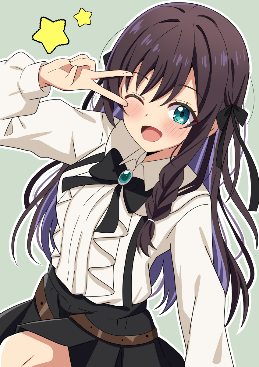 1girl absurdres alina_clover black_bow black_bowtie black_ribbon black_skirt blue_eyes blush_stickers bow bowtie breasts brown_hair colored_inner_hair green_background guild_no_uketsukejou_desu_ga_zangyou_wa_iya_nanode_boss_wo_solo_toubatsu_shiyou_to_omoimasu hair_between_eyes hair_ribbon highres hosinonana long_hair looking_at_viewer multicolored_hair one_eye_closed open_mouth ribbon shirt silhouette skirt small_breasts smile solo star_(symbol) suspender_skirt suspenders v white_shirt