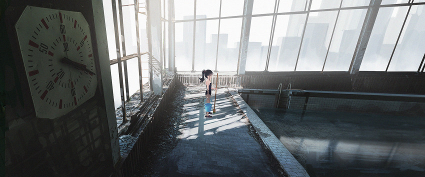 1girl black_eyes black_hair broom bucket clock commentary_request dirty empty_pool glass_shards hand_up highres holding holding_broom holding_bucket indoors long_hair looking_afar looking_away miyoshi_nao_(miyoshist) one-piece_swimsuit original ponytail pool scenery skyline slippers solo standing sunlight swimsuit tile_floor tiles wide_shot window