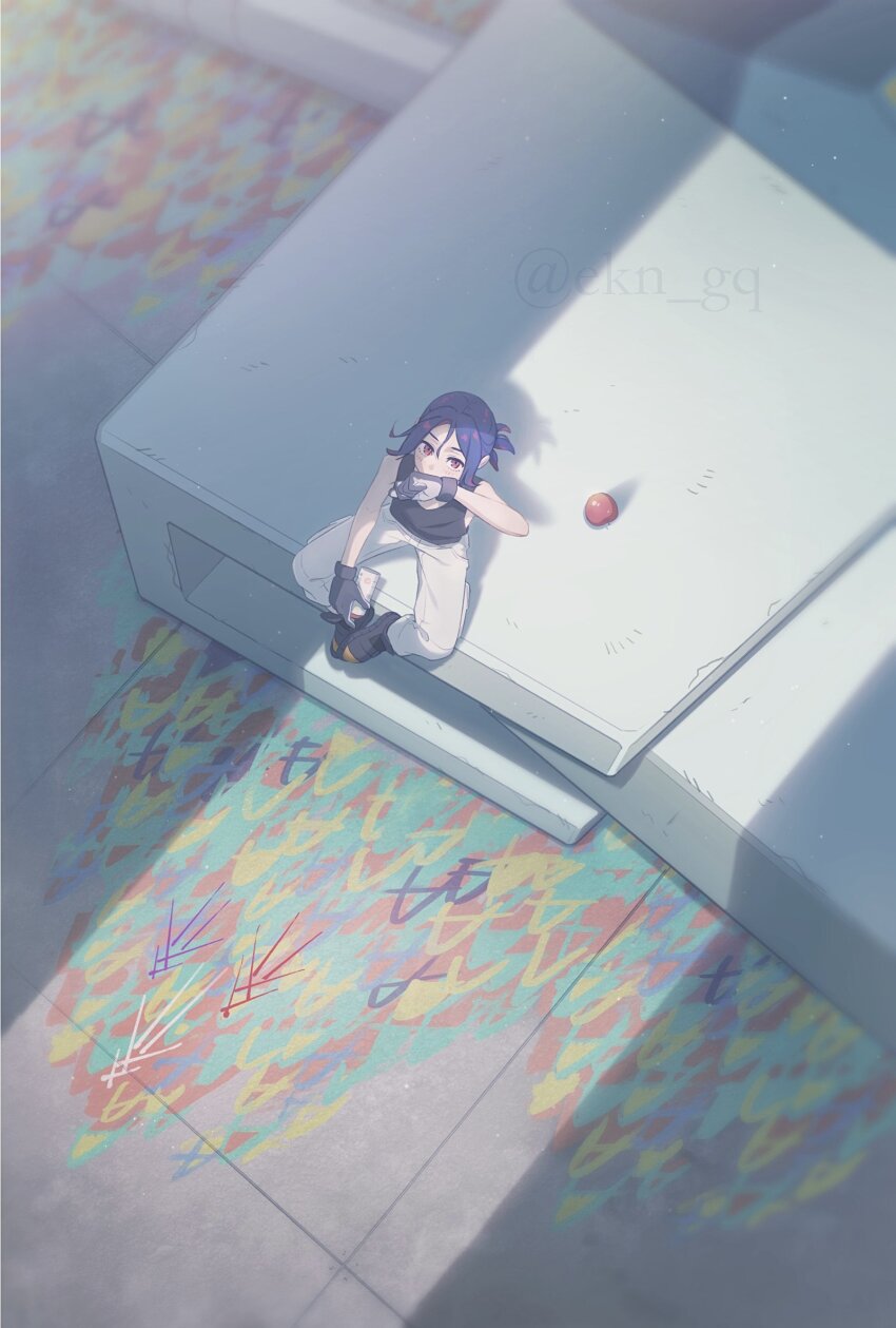 1boy apple artist_name blue_hair blush commentary_request ekn_gq food from_above fruit full_body gloves graffiti gundam gundam_gquuuuuux highres holding_spray_can male_focus mecha mobile_suit multicolored_hair pants purple_hair red_eyes robot rx-78-2_gundam science_fiction short_hair shuji_ito sitting sleeveless solo spray_can spray_paint tank_top twitter_username two-tone_hair watermark