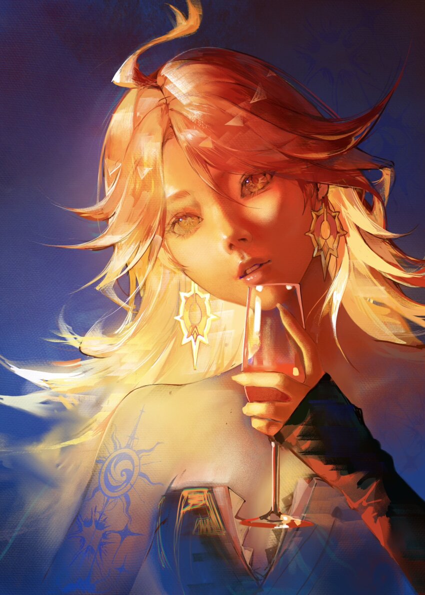 1girl ahoge alcohol bare_shoulders black_bodysuit bodysuit breasts center_opening champagne_flute cup dark_background drinking_glass earrings genshin_impact head_tilt highres holding holding_cup jewelry leather long_hair long_sleeves mavuika_(genshin_impact) multicolored_hair orange_hair parted_lips partially_unzipped red_hair sleeves_past_wrists small_breasts star_tattoo sumi_(suumiko_) sun_earrings sun_symbol sun_tattoo tan tattoo two-tone_hair wine