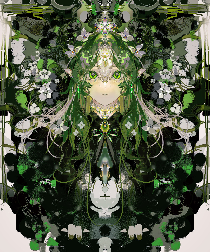 1girl absurdres black_shirt brooch chinese_commentary closed_mouth commentary_request flower gem green_brooch green_eyes green_gemstone green_hair green_nails hair_between_eyes hair_flower hair_intakes hair_ornament heibaihuabing highres jewelry lace_trim looking_at_viewer original pointy_ears shirt solo white_flower white_hair