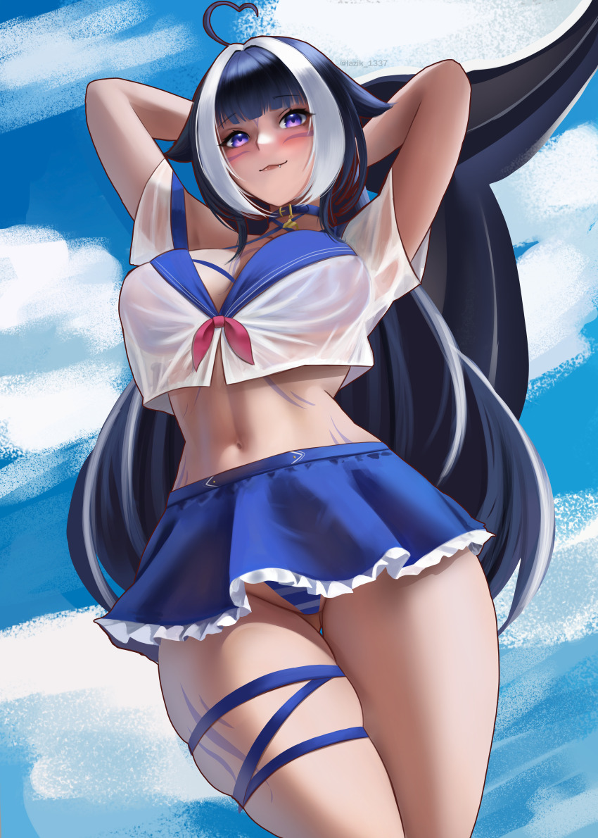 1girl absurdres ahoge arms_up belt_collar bikini bikini_under_clothes black_hair blue_skirt breasts cetacean_tail collar facial_tattoo fangs fins fish_tail gluteal_fold heart heart_ahoge highres indie_virtual_youtuber large_breasts lazik_1337 leg_tattoo long_hair looking_at_viewer multicolored_hair navel orca_girl purple_eyes school_uniform see-through_clothes see-through_shirt serafuku shylily shylily_(1st_costume) skirt solo streaked_hair swimsuit tail tattoo thigh_strap virtual_youtuber white_hair