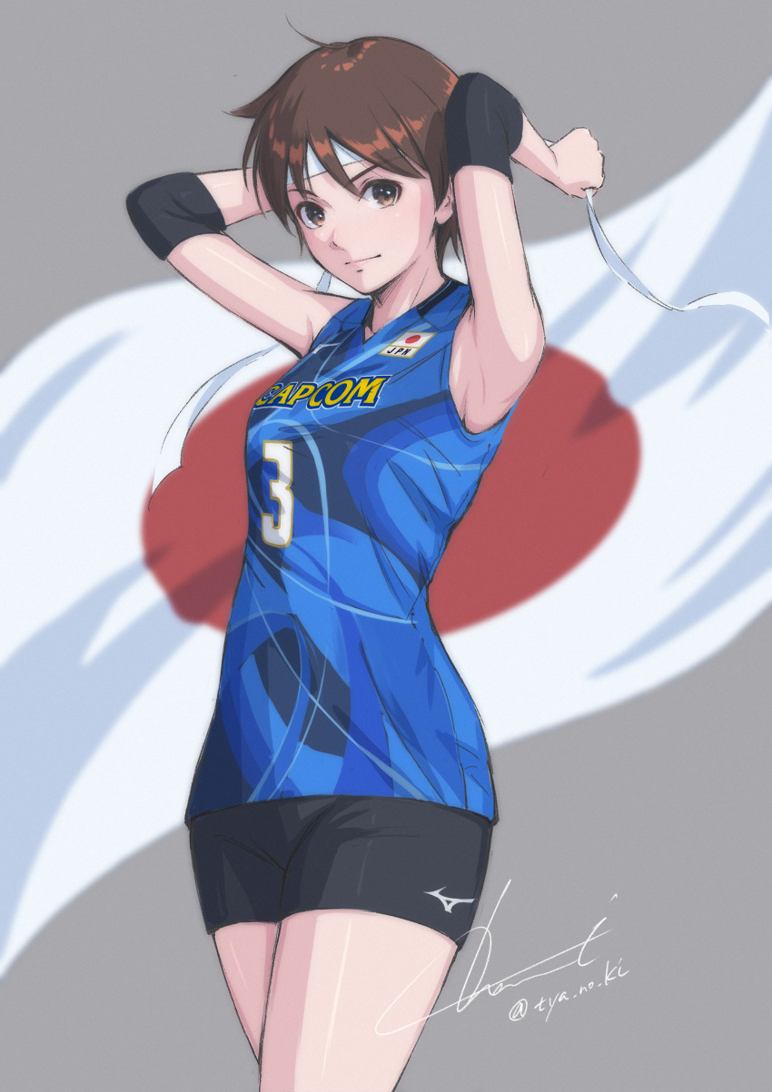 1girl absurdres black_shorts blue_shirt brown_eyes brown_hair capcom cowboy_shot hachimaki hair_ribbon headband highres japanese_flag kasugano_sakura looking_at_viewer mizuno_(brand) ribbon shirt short_hair short_shorts shorts signature sleeveless sleeveless_shirt solo sportswear street_fighter tyanoki volleyball_uniform