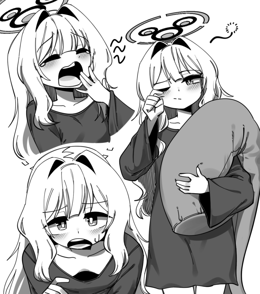 1girl black_pajamas blue_archive blush body_pillow breasts collarbone cowboy_shot downblouse fey_(whitepaper) from_above hare_(blue_archive) hare_(pajamas)_(blue_archive) highres holding holding_pillow long_hair looking_at_viewer messy_hair monochrome narrowed_eyes one_eye_closed open_mouth pajamas pillow rubbing_eyes shirt simple_background small_breasts squinting standing sweatdrop white_background white_hair yawning