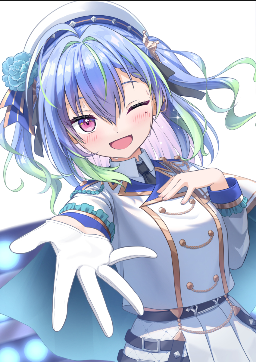 1girl ahoge apple_uq black_necktie blue_cape blue_flower blue_hair blush breasts cape commentary_request cowboy_shot flower gloves green_hair hair_between_eyes hair_flower hair_ornament hat highres jacket long_hair looking_at_viewer mole mole_under_eye multicolored_hair nanashi_inc. necktie one_eye_closed open_mouth pink_eyes pleated_skirt reaching reaching_towards_viewer shirt simple_background skirt small_breasts smile solo suzumi_nemo suzumi_nemo_(3rd_costume) two-tone_hair virtual_youtuber white_background white_gloves white_hat white_jacket white_shirt white_skirt wings