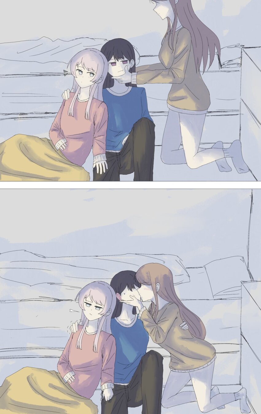 3girls bang_dream! bang_dream!_it&#039;s_mygo!!!!! bed bedroom blue_sweater blush brown_hair brown_sweater grey_eyes hand_on_another&#039;s_thigh highres holding_own_arm indoors kiss kneeling long_hair looking_at_another multiple_girls nagasaki_soyo pesirxy pillow pink_hair pink_sweater polyamory purple_eyes shiina_taki socks sweatdrop sweater white_socks yuri