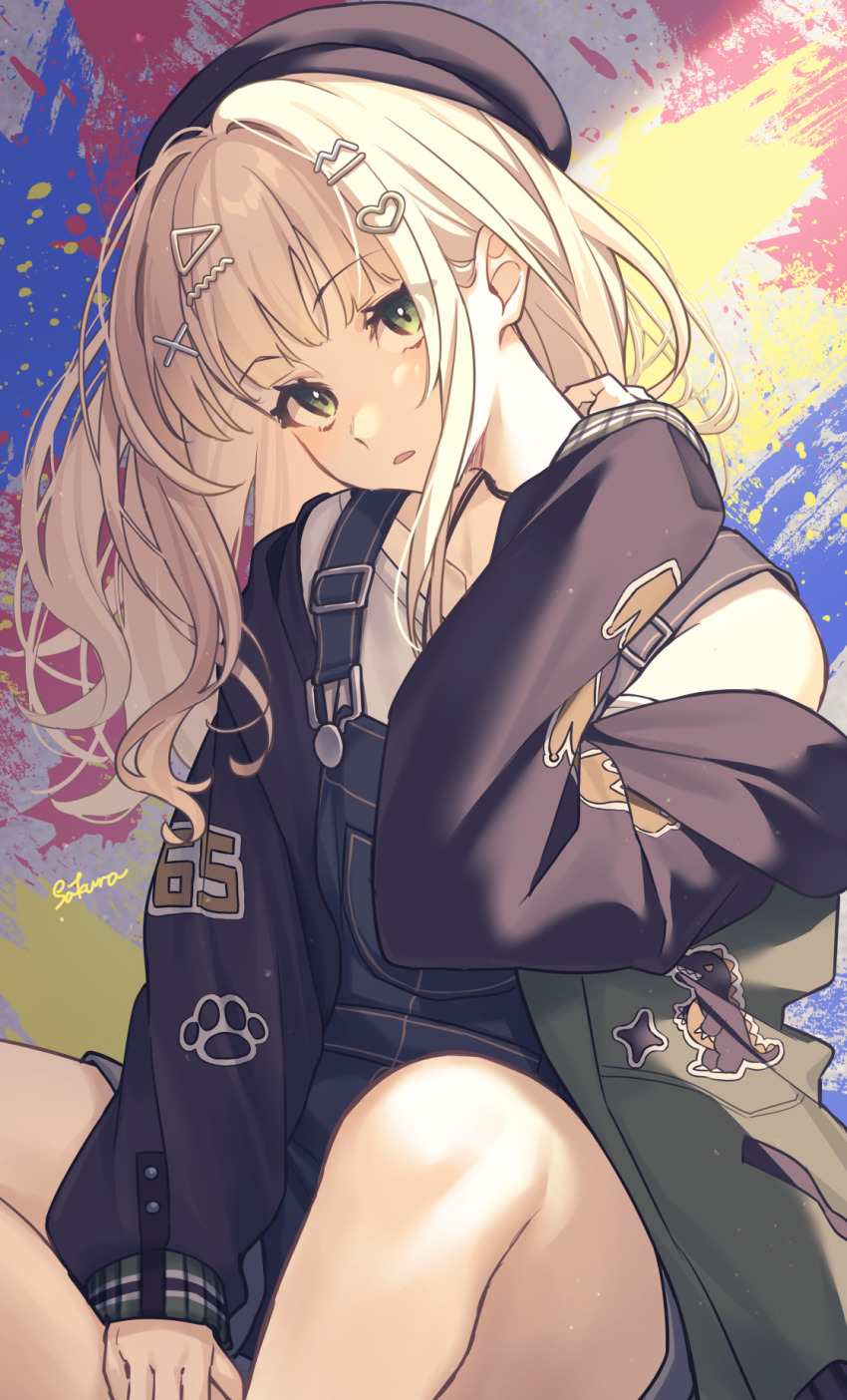 1girl beret black_hat black_jacket blonde_hair blue_overalls commentary_request green_eyes green_jacket hair_ornament hat heart heart_hair_ornament highres jacket jewelry kaburaki_roco kaburaki_roco_(2nd_costume) lq_saku multicolored_jacket necklace nijisanji official_art open_mouth overall_shorts overalls shirt sitting solo triangle_hair_ornament virtual_youtuber white_shirt x_hair_ornament