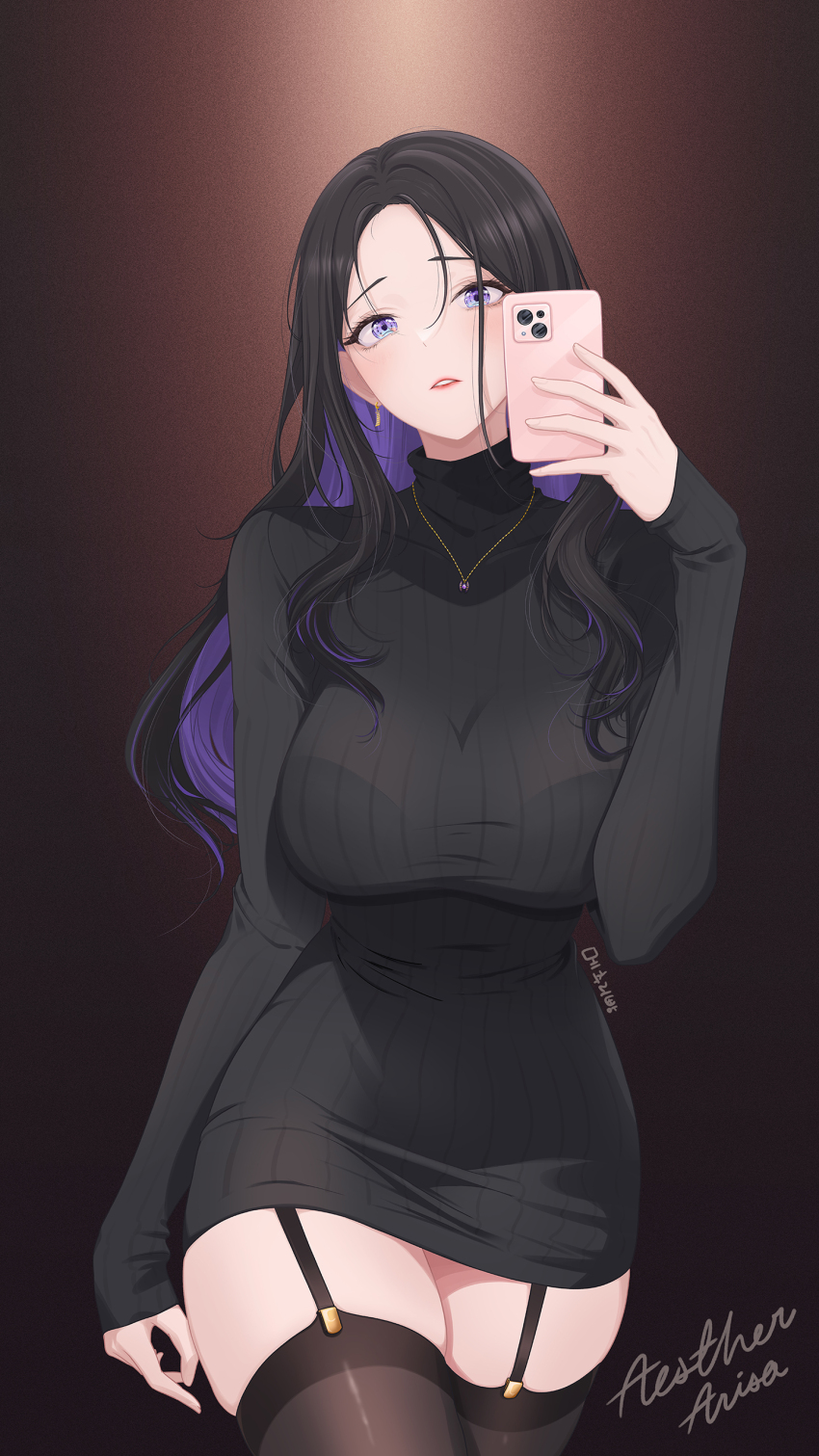 1girl absurdres arisa_(charon_universe) black_bra black_hair black_sweater bra bra_visible_through_clothes brown_thighhighs cellphone charon_universe colored_inner_hair cowboy_shot dress earrings garter_straps hand_up highres holding holding_phone jewelry long_hair long_sleeves looking_at_viewer multicolored_hair myomomoo necklace parted_lips phone purple_eyes purple_hair ribbed_sweater sleeves_past_wrists smartphone solo standing sweater sweater_dress taut_clothes taut_sweater thighhighs thighs turtleneck turtleneck_sweater two-tone_hair underwear virtual_youtuber zettai_ryouiki