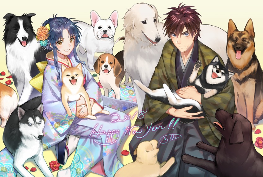 1boy 1girl beagle blue_eyes blue_hair border_collie borzoi brown_hair chidori_kaname chinese_zodiac cross_scar dog facial_scar flower full_metal_panic! german_shepherd grin hair_flower hair_ornament happy_new_year husky japanese_clothes kimono looking_at_viewer lorein new_year sagara_sousuke scar scar_on_cheek scar_on_face shiba_inu short_hair signature sitting smile spiked_hair welsh_corgi year_of_the_dog yellow_eyes