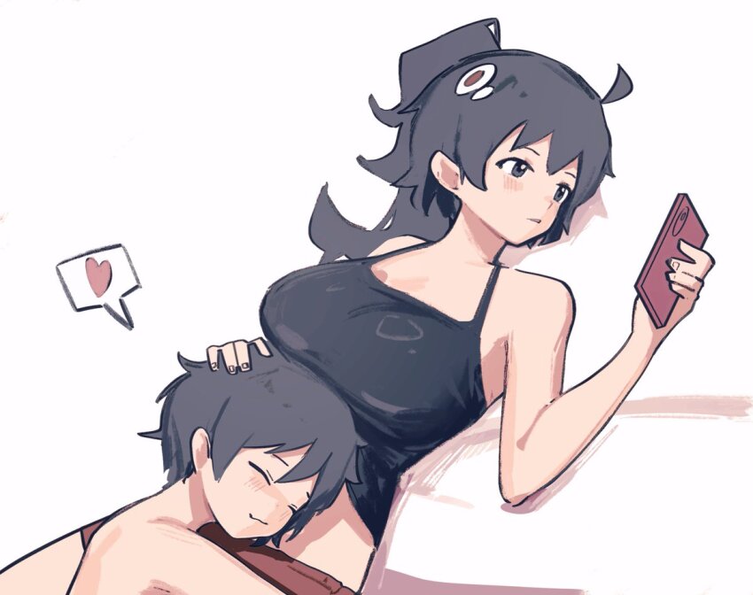 2girls baisebandaoti1 bakemonogatari bare_shoulders belly black_hair black_shirt breasts cellphone egg egg_ornament hair_ornament hanamonogatari incest midriff monogatari_(series) multiple_girls nisemonogatari nude phone shirt short_hair siblings sisters sleeping sleeping_on_person white_background