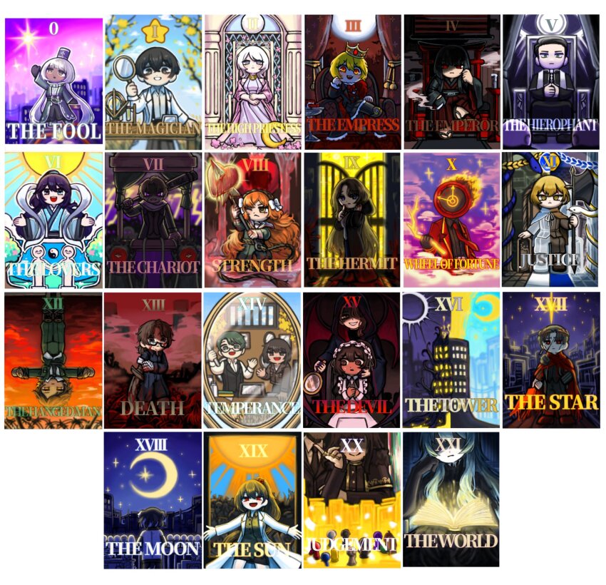 1other 6+boys 6+girls angela_(project_moon) baral_(project_moon) barbed_wire black_vest blonde_hair blue_eyes blue_hair broken_glass brown_jacket card card_(medium) carmen_(project_moon) charon_(project_moon) cigarette clock coat collared_shirt commentary crying dante_(limbus_company) death_(tarot) don_quixote_(project_moon) dongbaek_(project_moon) dongrang_(project_moon) dress dullahan e.g.o_(project_moon) english_commentary erlking_heathcliff_(project_moon) faust_(project_moon) fire glass glasses golden_bough_(limbus_company) green_eyes green_hair gregor_(project_moon) hagoromo harpoon hat highres ishmael_(project_moon) jacket jang_schna judgement_(tarot) justice_(tarot) leviathan_(project_moon) library_of_ruina limbus_company long_hair long_sleeves low_twintails luda_(project_moon) meursault_(project_moon) mirror multiple_boys multiple_girls nra_3614 object_head open_mouth orange_hair outis_(project_moon) parted_lips pink_coat playing_card priest project_moon red_eyes rodion_(project_moon) ryoshu_(project_moon) scarf shako_cap shawl shirt short_hair sidelocks sinclair_(project_moon) sitting smile smoke smoking snake star_(sky) star_(symbol) strength_(tarot) sun tarot tarot_(medium) tarot_card tarot_set temperance_(tarot) the_chariot_(tarot) the_devil_(tarot) the_emperor_(tarot) the_empress_(tarot) the_fool_(tarot) the_hanged_man_(tarot) the_hermit_(tarot) the_hierophant_(tarot) the_high_priestess_(tarot) the_lovers_(tarot) the_magician_(tarot) the_moon_(tarot) the_star_(tarot) the_sun_(tarot) the_tower_(tarot) the_world_(tarot) throne twintails upside-down very_long_hair vest wheel_of_fortune_(tarot) white_dress white_hair white_scarf white_shirt yi_sang_(project_moon) yin_yang zena_(project_moon)