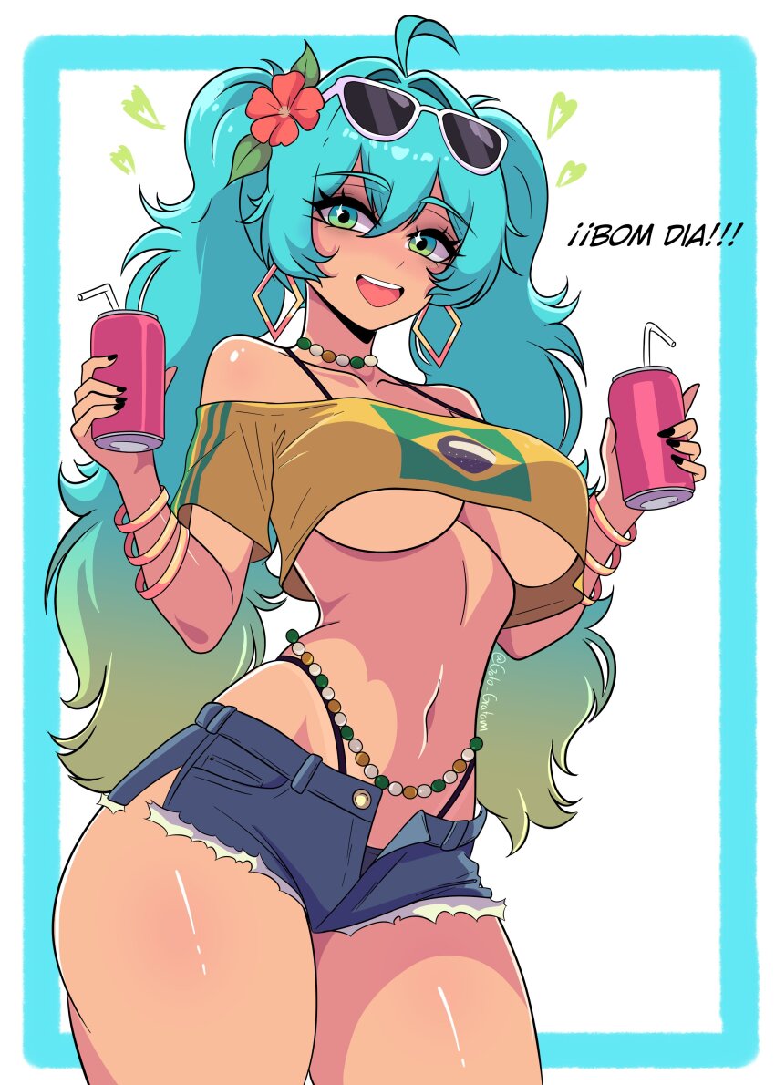 1girl absurdres aqua_eyes aqua_hair bead_choker beads bikini_under_shorts blue_shorts brazilian_flag brazilian_flag_print brazilian_miku breasts can crop_top dark-skinned_female dark_skin drinking_straw earrings eyewear_on_head flag_print gradient_hair gratam green_hair hatsune_miku heart highres holding holding_can jewelry large_breasts micro_shorts multicolored_hair navel open_mouth shirt shorts solo sunglasses teeth twintails underboob upper_teeth_only vocaloid yellow_shirt