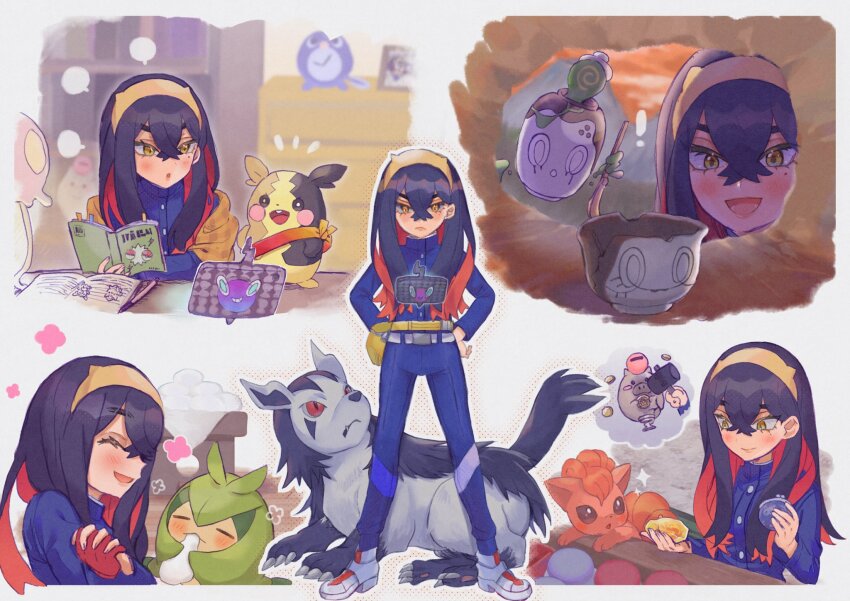 1girl abe_(kumayu) belt belt_buckle black_hair blue_jacket blue_pants book buckle carmine_(pokemon) commentary_request creatures_(company) crossed_bangs evolution_stone evolutionary_stone fanny_pack fire_stone game_freak gen_1_pokemon gen_3_pokemon gen_4_pokemon gen_5_pokemon gen_8_pokemon grey_footwear hair_between_eyes hairband hands_on_own_hips highres holding jacket long_hair long_sleeves mightyena morpeko morpeko_(full) multiple_views nintendo notice_lines pants pokemon pokemon_(creature) pokemon_sv poltchageist rotom rotom_phone shoes sparkle spoink swadloon toedscool vulpix yellow_bag yellow_eyes yellow_hairband