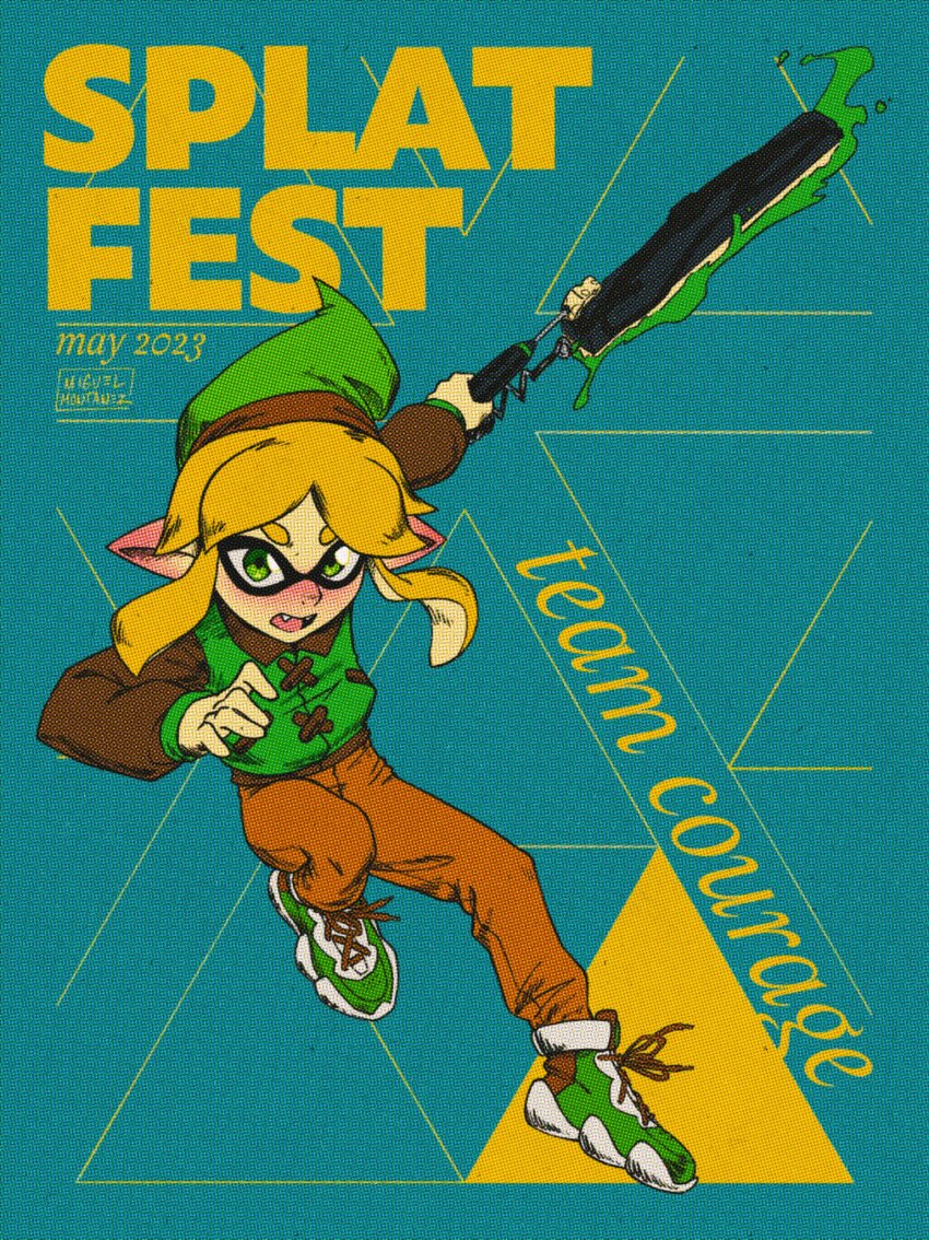 1girl alternate_species blonde_hair commentary dated english_commentary fangs full_body green_eyes green_hat green_jacket green_pants hat highres inkling jacket link mrmiguelart nintendo open_mouth orange_pants pants parody pointy_ears signature solo splatoon_(series) tentacle_hair the_legend_of_zelda
