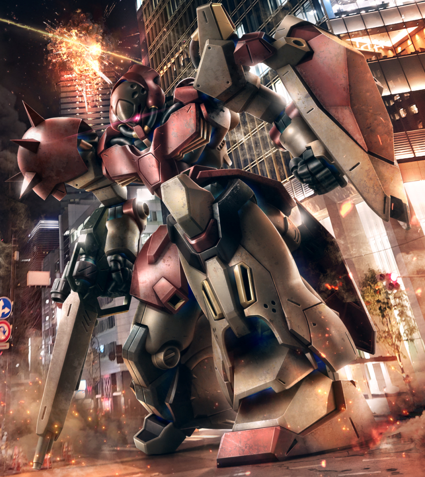 battle beam_rifle burn city city_lights damaged energy_gun fire gundam gundam_hathaway&#039;s_flash highres hiropon_(tasogare_no_puu) lamppost messer_(mobile_suit) mobile_suit night no_humans one-eyed outdoors photo_background road road_sign shield sign street tree weapon