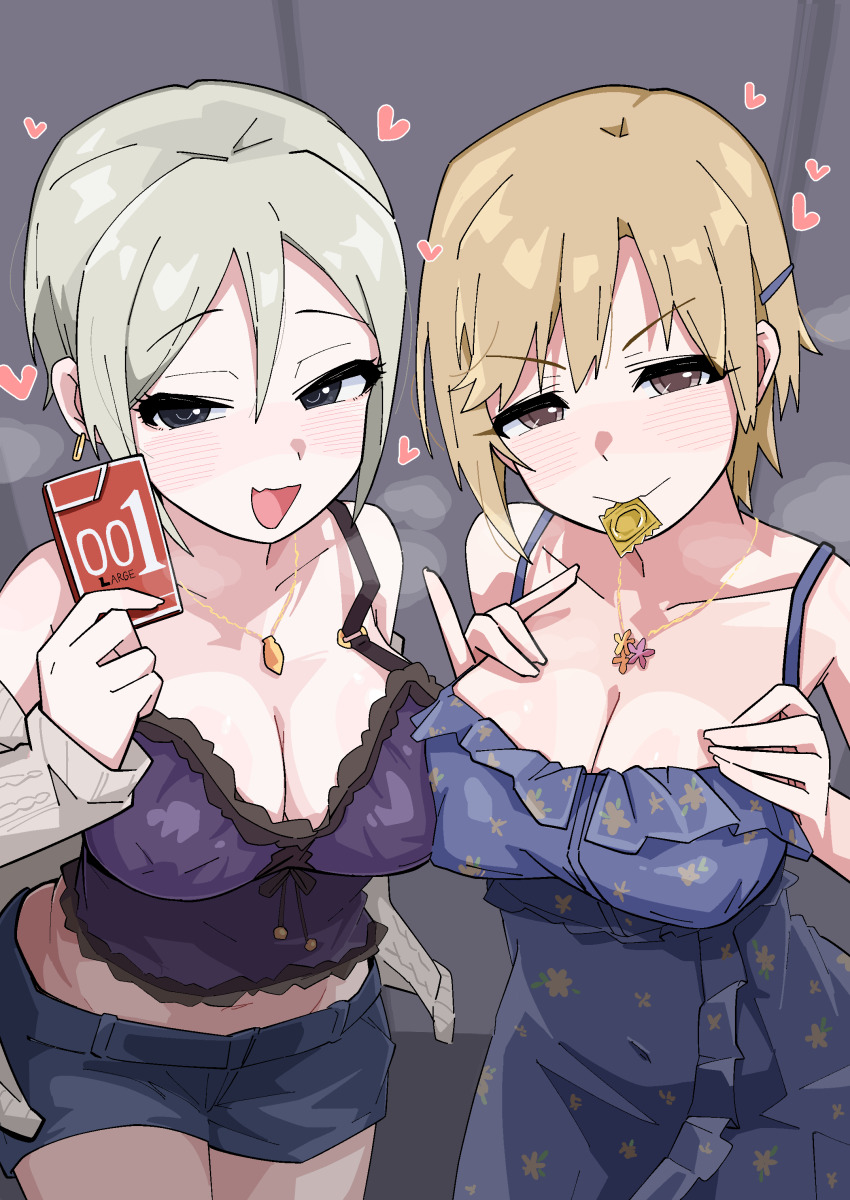 2girls absurdres aiba_yumi blue_dress blue_shorts blush box breasts brown_hair cleavage collarbone commission condom condom_box condom_wrapper crop_top dress grey_hair heart highres holding holding_box idolmaster idolmaster_cinderella_girls jewelry large_breasts looking_at_viewer mouth_hold multiple_girls necklace ohgi910 pixiv_commission shiomi_syuko short_hair short_shorts shorts smile steam