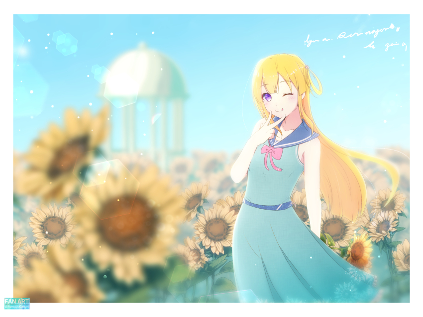 1girl 22/7 ;q aqua_dress artist_name blonde_hair blue_sailor_collar blurry border bow bowtie collarbone day depth_of_field dress field flower flower_field fujima_sakura furoggu-gaburi hair_rings highres lens_flare light_particles long_hair looking_at_viewer one_eye_closed one_side_up outdoors purple_eyes red_bow red_bowtie sailor_collar single_hair_ring sleeveless solo sunflower sunflower_field tongue tongue_out v v_over_mouth white_border