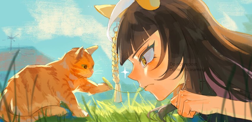 1girl absurdres animal_ears black_hair blunt_bangs calstone_light_o_(umamusume) cat commentary_request ear_covers g0ldmonk highres horse_ears horse_girl long_hair mouth_hold on_ground outdoors solo stalk_in_mouth umamusume watermark yellow_eyes