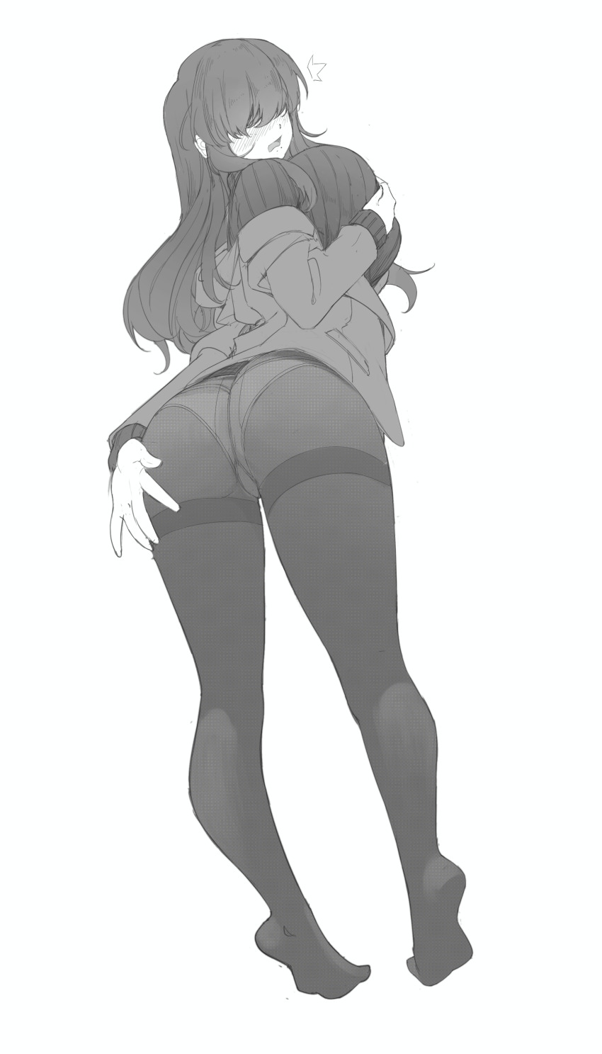 1girl absurdres accidental_exposure ass ass_focus black_hair black_pantyhose blazer blush breasts embarrassed female_focus from_behind full_body grabbing_own_breast greyscale hair_over_eyes hand_on_own_chest highres hornfelstone huge_breasts jacket kakure_meme kimi_no_koto_ga_dai_dai_dai_dai_daisuki_na_100-nin_no_kanojo long_hair monochrome ohananomitsu_high_school_uniform open_mouth panties pantyhose school_uniform simple_background sketch solo sweater thighband_pantyhose thighs underwear white_background white_panties