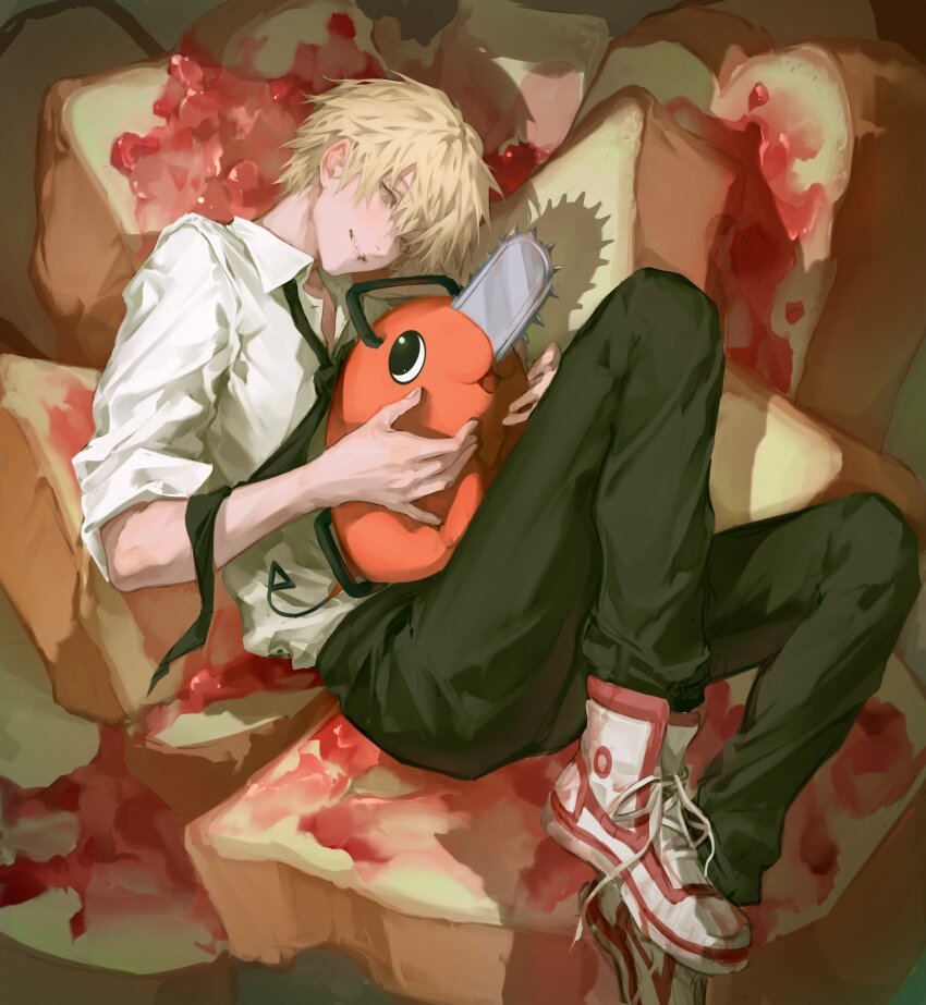 absurdres black_necktie black_pants blonde_hair bread_slice chainsaw_man collared_shirt deadprince denji_(chainsaw_man) food highres jam looking_at_another male_focus necktie pants pochita_(chainsaw_man) sharp_teeth shirt shoes short_hair smile sneakers spiked_hair teeth toast white_shirt