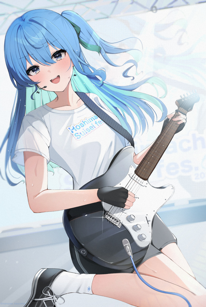 1girl absurdres black_gloves black_shoes black_shorts blue_eyes blue_hair blush commentary_request earrings electric_guitar fender_stratocaster fingerless_gloves floating_hair glint gloves green_ribbon guitar hair_between_eyes hair_ribbon highres holding holding_guitar holding_instrument hololive hoshimachi_suisei instrument jewelry long_hair looking_at_viewer microphone music nanase_nayumu open_mouth playing_instrument ribbon shirt shoes shorts side_ponytail smile sneakers socks solo standing standing_on_one_leg star_(symbol) star_in_eye sweat symbol_in_eye t-shirt twitter_username virtual_youtuber white_shirt white_socks