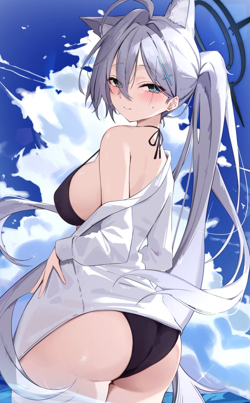 1girl ass bikini black_bikini black_halo blue_archive blue_eyes blue_sky breasts cloud grey_hair hair_ornament halo highres large_breasts nenight ocean ponytail shiroko_(blue_archive) shiroko_terror_(blue_archive) shirt sky swimsuit white_shirt