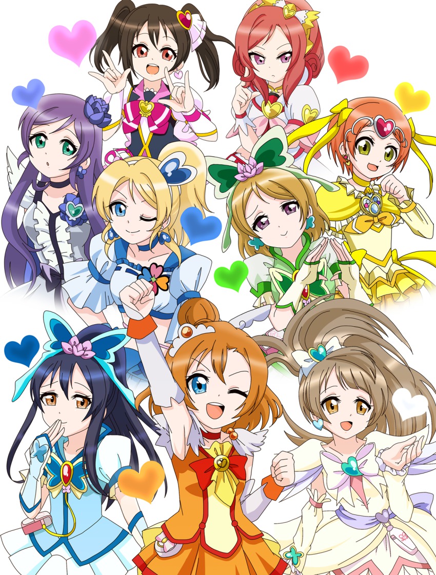 6+girls \m/ arm_up arm_warmers armpits asuka_(ganboriyo) ayase_eli black_hair blonde_hair blue_eyes bow brooch brown_eyes brown_hair butterfly_hair_ornament circlet clenched_hand clenched_hands color_connection cosplay cure_ace cure_ace_(cosplay) cure_aqua cure_aqua_(cosplay) cure_berry cure_berry_(cosplay) cure_egret cure_egret_(cosplay) cure_lovely cure_lovely_(cosplay) cure_mint cure_mint_(cosplay) cure_moonlight cure_moonlight_(cosplay) cure_muse cure_muse_(cosplay) cure_muse_(yellow) cure_muse_(yellow)_(cosplay) cure_sunny cure_sunny_(cosplay) curly_hair diamond_hands dokidoki!_precure earrings flower fresh_precure! frills futari_wa_precure_splash_star green_eyes hair_bow hair_bun hair_flower hair_ornament hairband happinesscharge_precure! heart heart_brooch heart_hair_ornament heartcatch_precure! high_ponytail highres hoshizora_rin jewelry koizumi_hanayo kosaka_honoka long_hair love_live! love_live!_school_idol_project magical_girl minami_kotori multiple_girls nishikino_maki one_eye_closed orange_hair orange_skirt pink_eyes ponytail precure purple_eyes purple_hair raised_fist red_eyes red_hair ribbon short_hair single_hair_bun skirt smile smile_precure! sonoda_umi suite_precure tojo_nozomi twintails wink yazawa_nico yellow_bow yellow_eyes yes!_precure_5 yes!_precure_5_gogo!